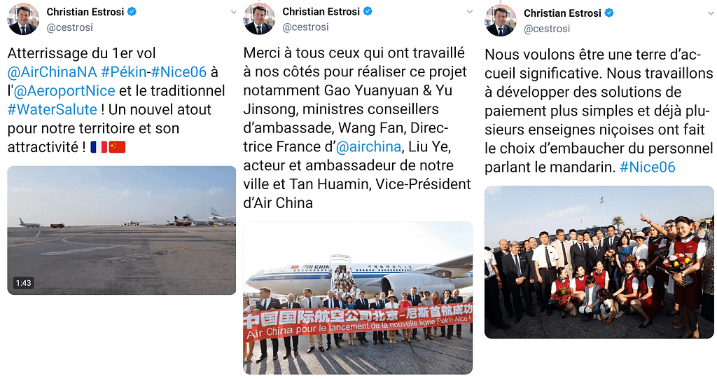Christian Estrosi, maire de Nice réagit à l'inauguration de la liaison Pékin-Nice opérée par Air China