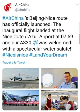 La compagnie aérienne Air China réagit par Twitter sur la nouvelle liaison Pékin-Nice