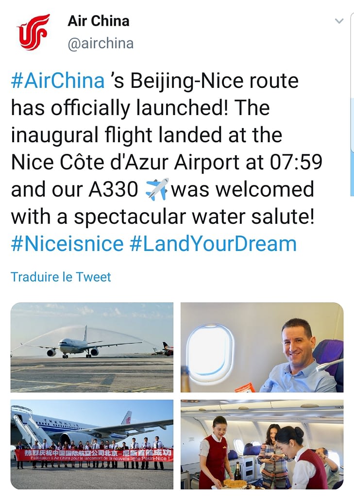 La compagnie aérienne Air China réagit par Twitter sur la nouvelle liaison Pékin-Nice
